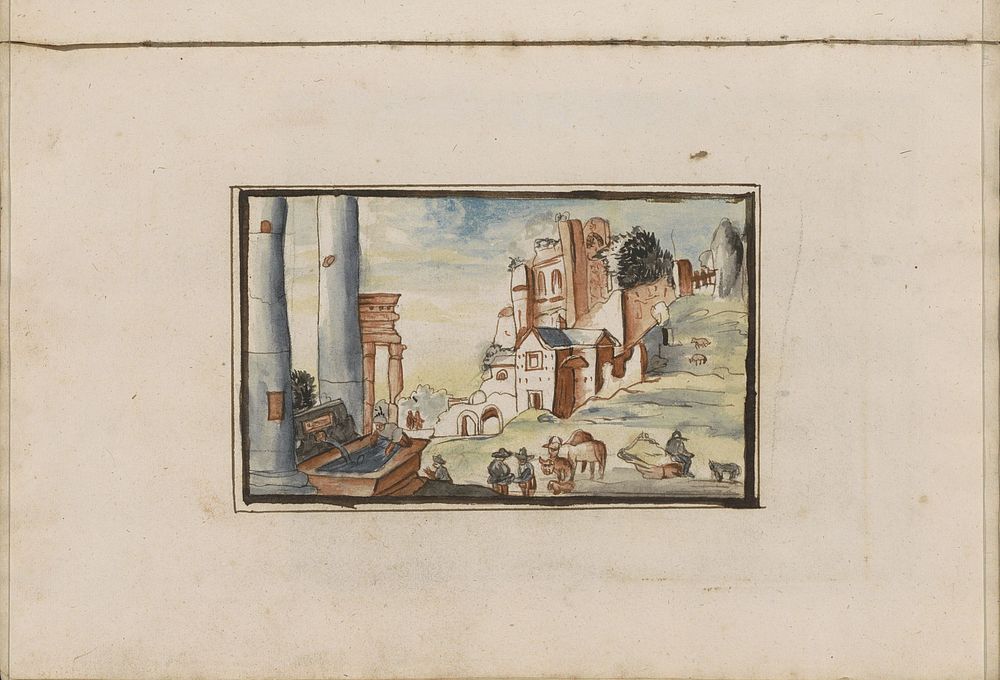 Dieren en figuren aan de rand van een stad (1696) by Hendrick van Beaumont