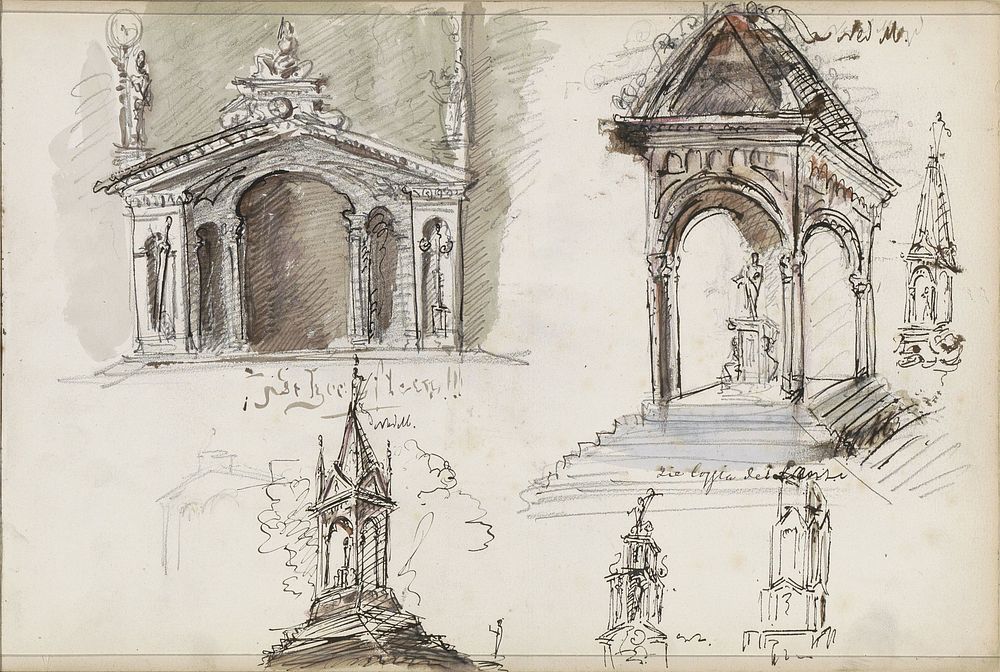 Torenspitsen, façade en een beeldhouwwerk in een prieel (1862 - 1867) by Isaac Gosschalk and Joseph Henry Gosschalk
