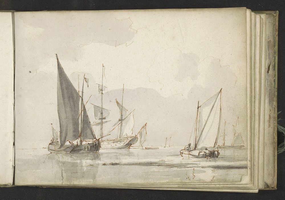 Zeilschepen op kalm water voor een kust (1780 - 1848) by Martinus Schouman