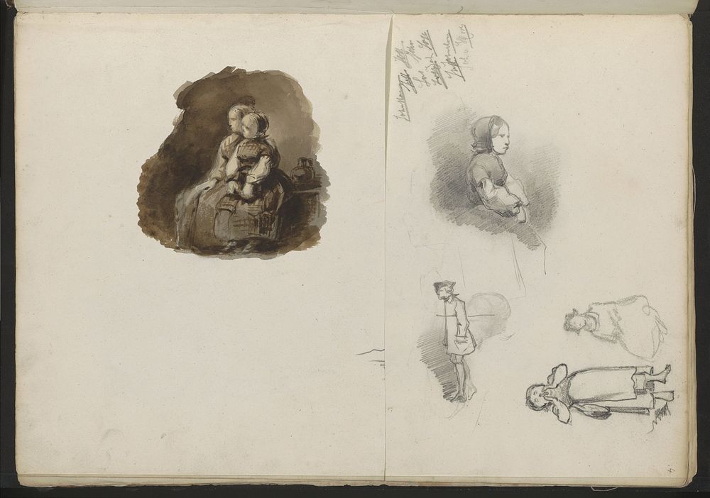 Studieblad met meisjes en een wandelende man (1837 - 1881) by Johannes Huybertus van Hove Bzn