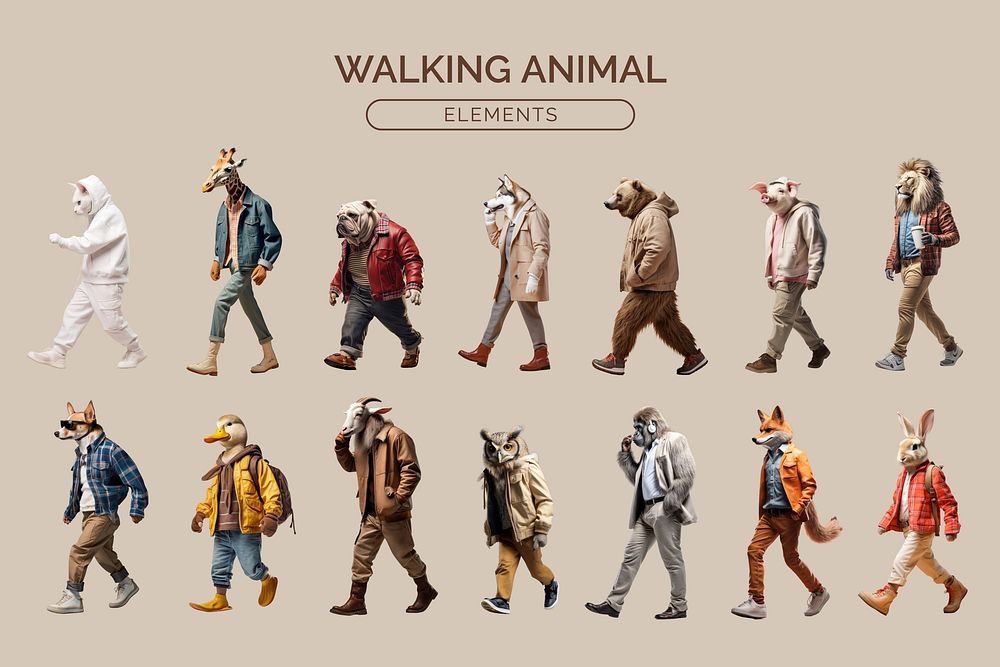 Walking animal character design element set