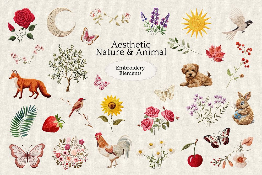 Aesthetic nature & animal embroidery craft design element set