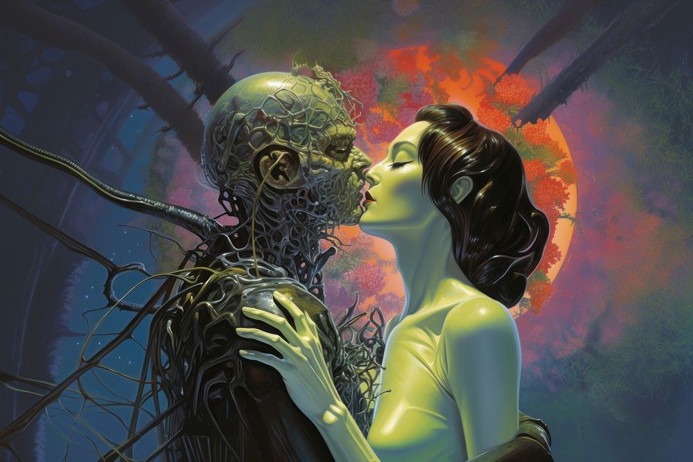 Alien lover kiss adult art publication.