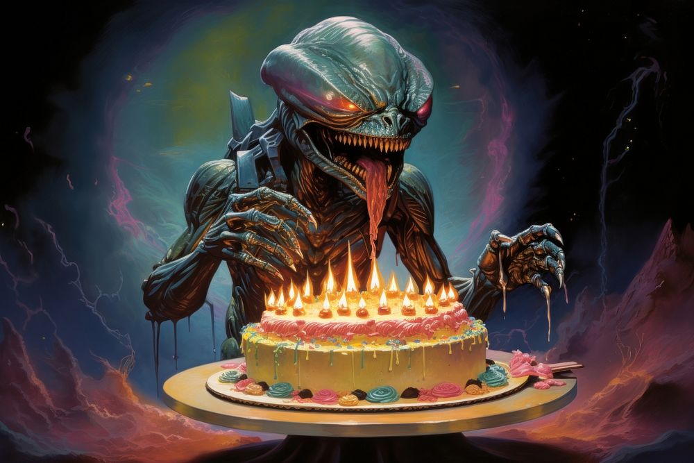 Alien blow birthday cake dessert food celebration.