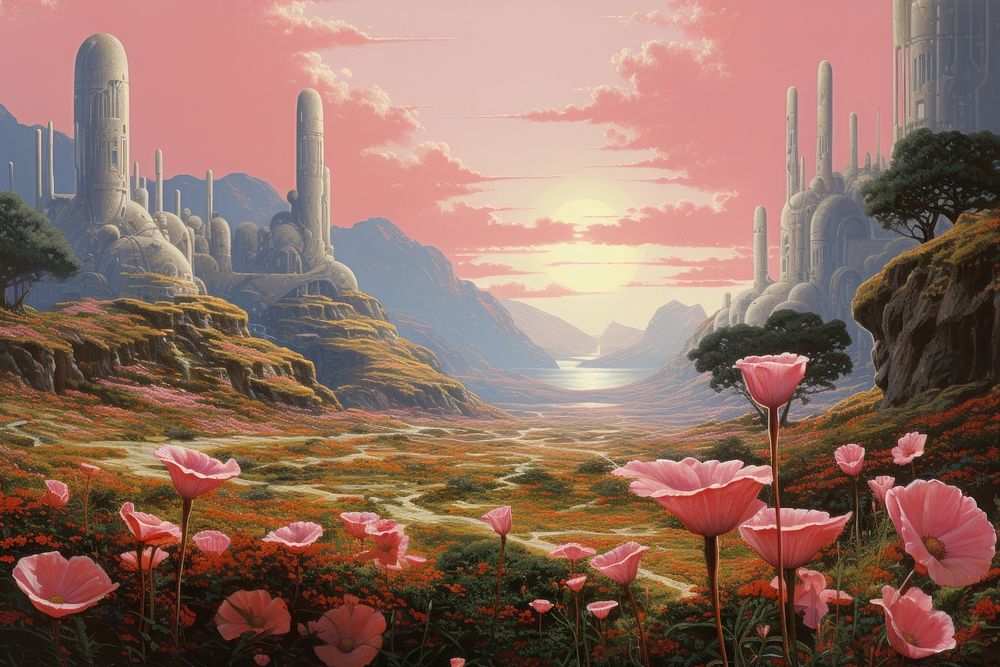 Rose field landscape outdoors painting.