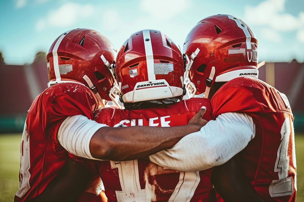 American football team hugging teamwork helmet sports.