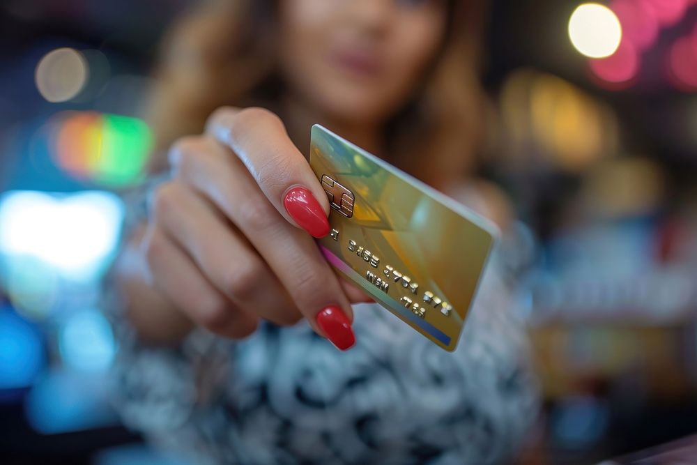 Woman hand sending a credit card currency holding finger.