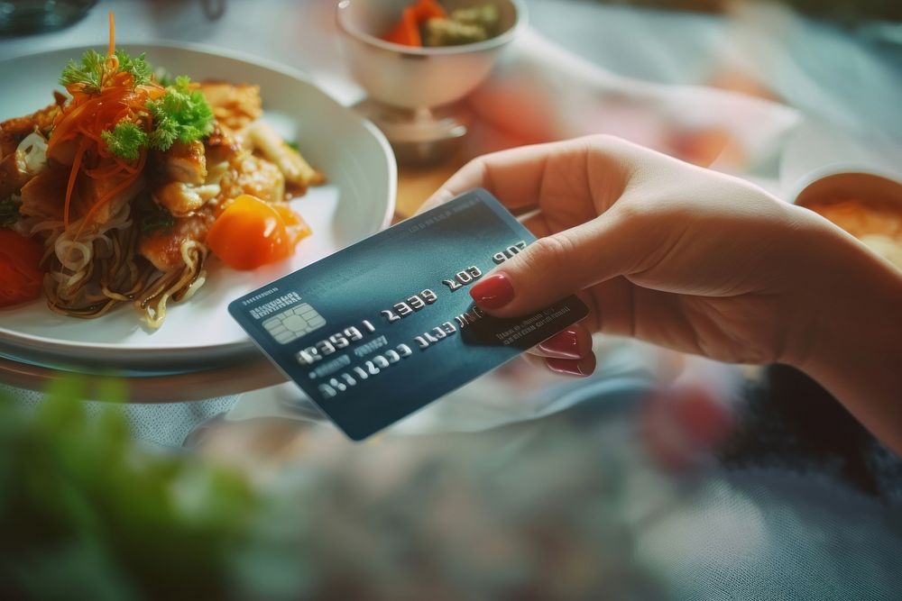 Woman hand sending a credit card restaurant text vegetable.