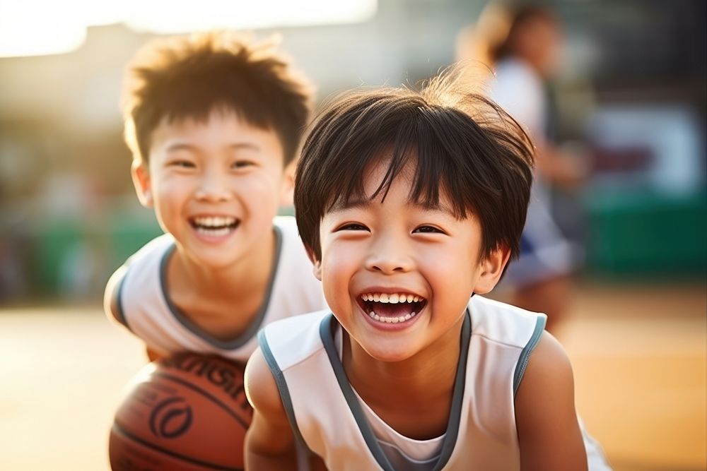 Young basketball players cheerful laughing sports.