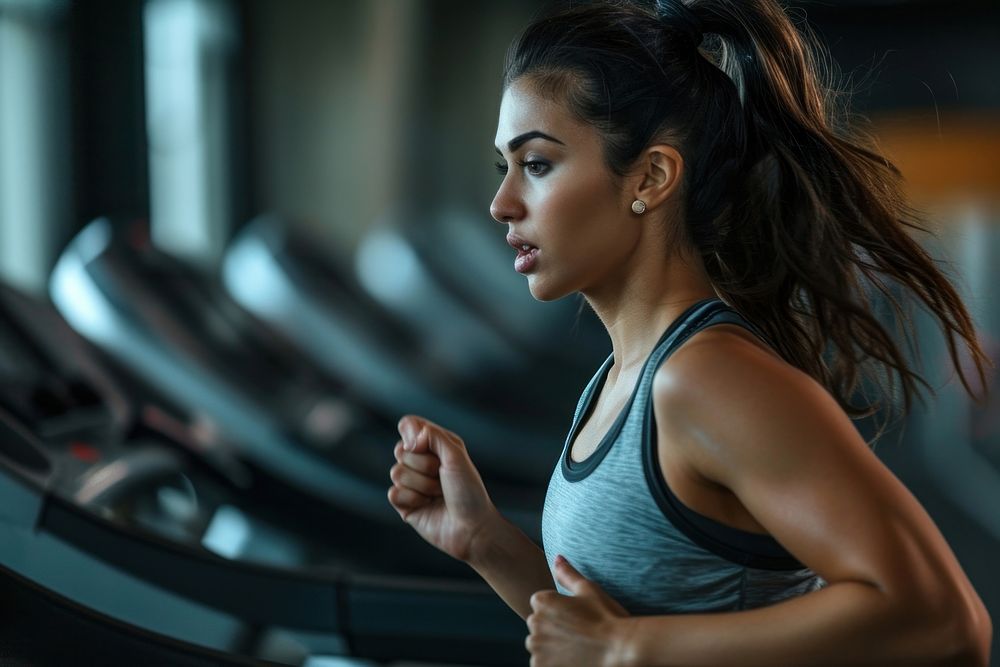 Arab women running gym determination concentration.