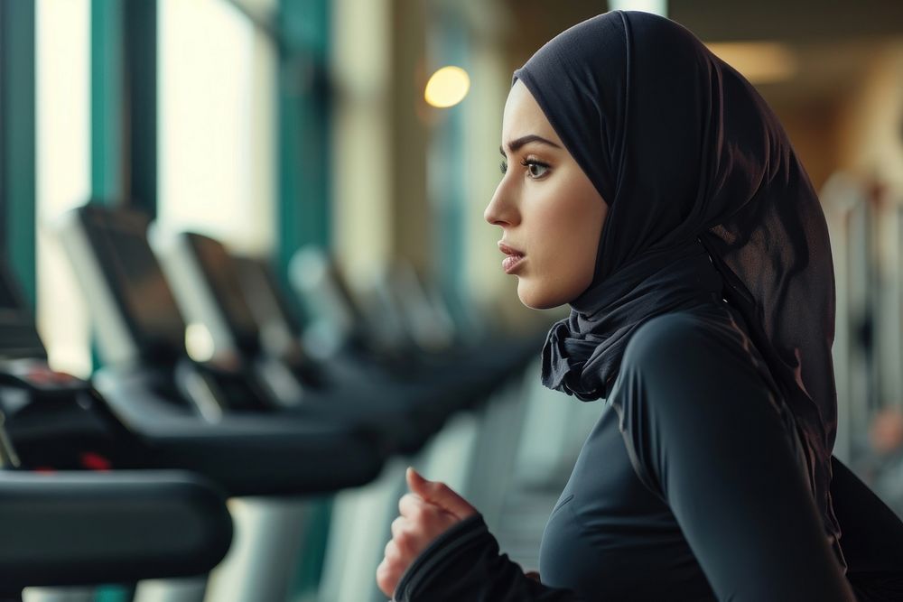 Arab women running adult gym determination.