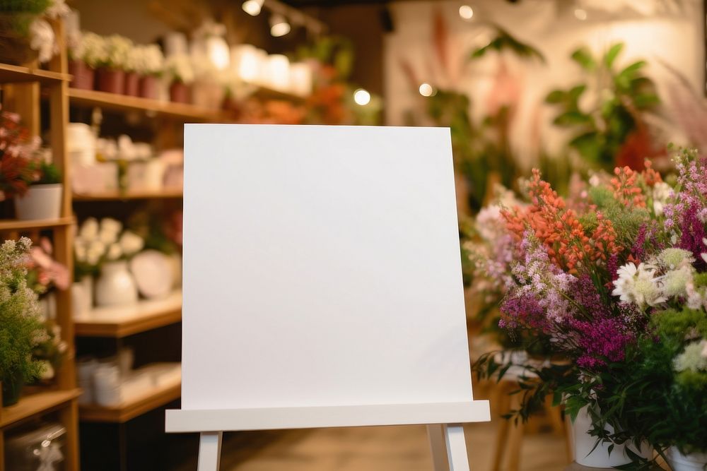 Blank white easel sign flower plant shop.