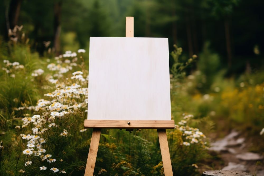A blank wooden easel sign flower forest tranquility.