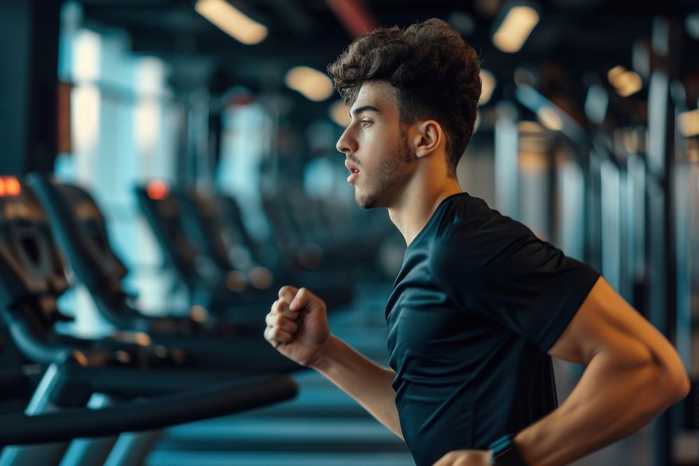 Hispanic man running gym fitness sports.