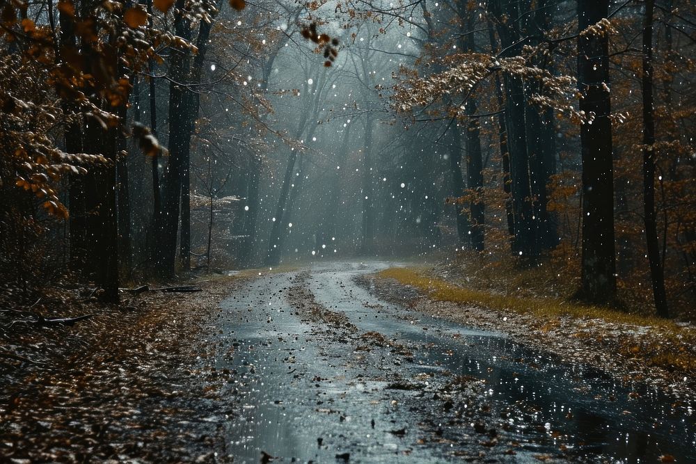 A rainy in forest outdoors autumn winter.
