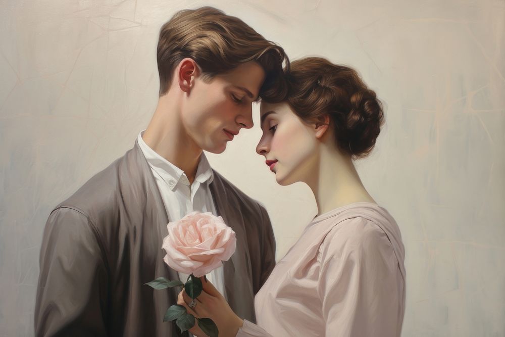 Man hold rose to woman painting portrait flower.