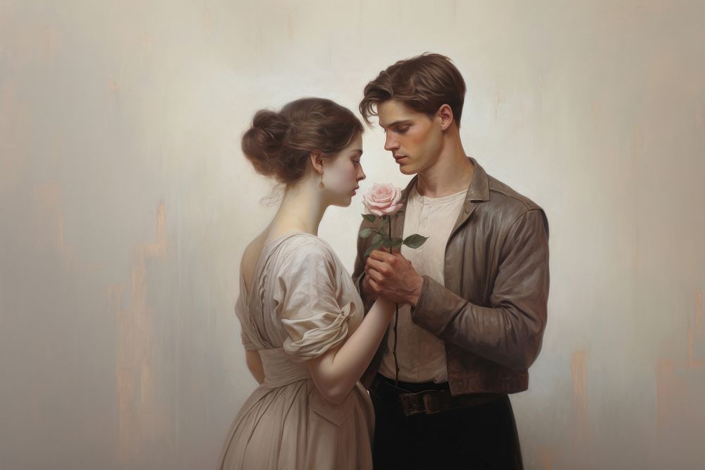 Man hold rose to woman portrait painting adult.
