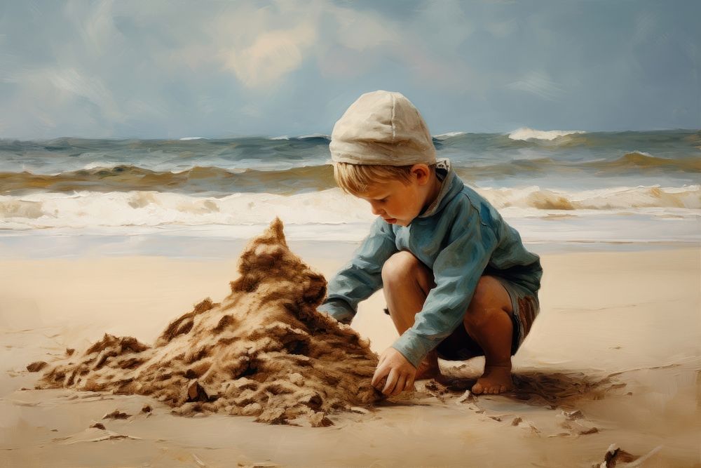 Kid make sand castle on beach outdoors painting nature.