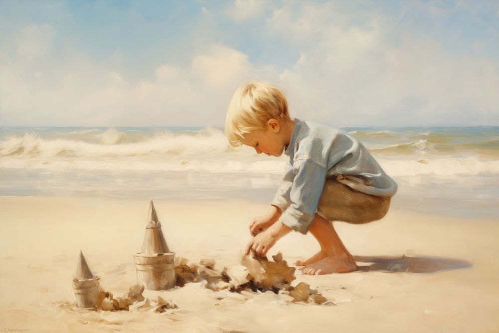 Kid make sand castle on beach outdoors painting nature.