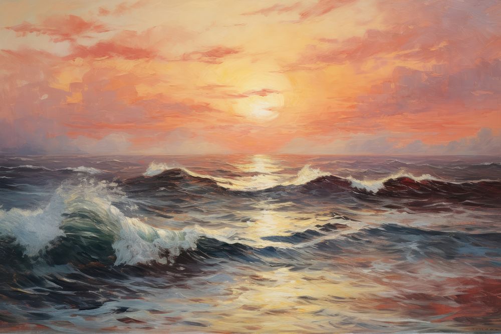 Sunset on sea painting landscape outdoors.