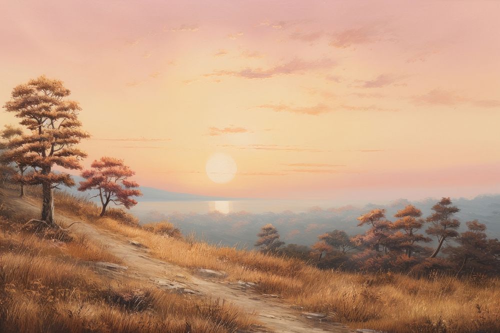 Sunset on hill painting landscape sunlight.