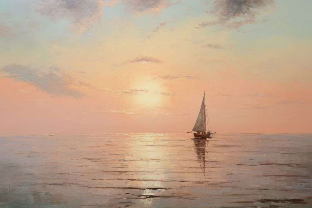Sunset on sea watercraft sailboat painting.