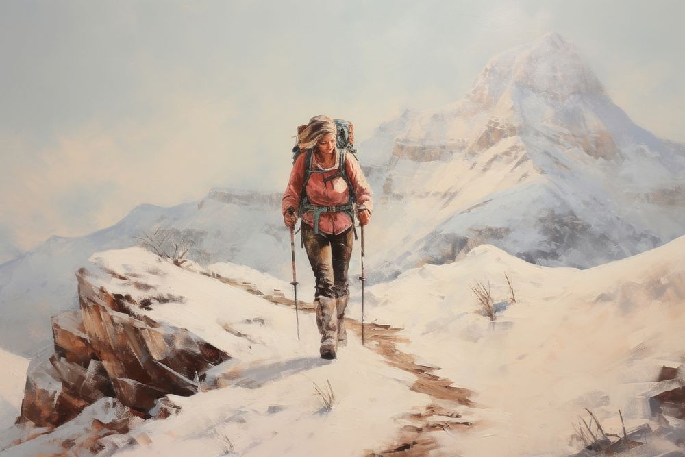 Woman hiking on snow peak of mountain adventure backpack footwear.