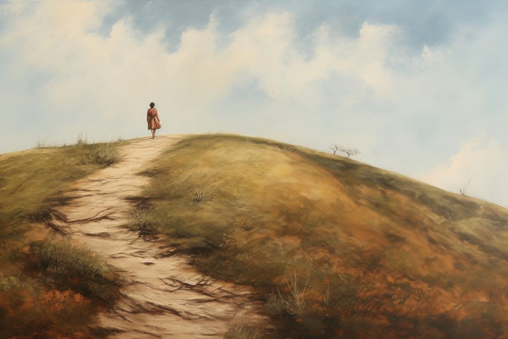 Woman hiking on hill landscape grassland adventure.