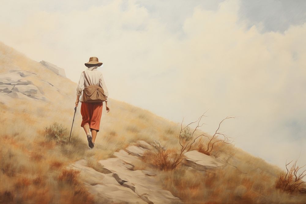 Woman hiking on hill painting adventure outdoors.