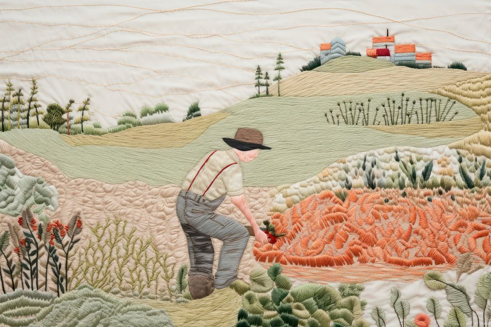 Man farming art embroidery tapestry.