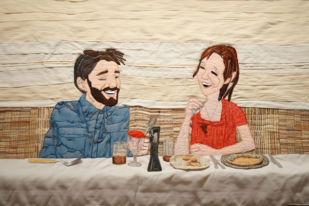 Couple smile and dinner at restaurant cartoon adult food.