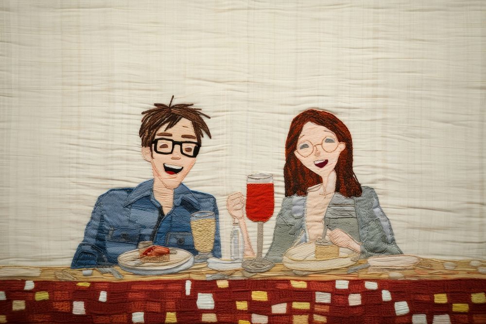 Couple smile and dinner at restaurant glasses cartoon adult.