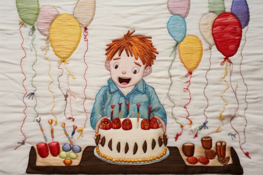 Happy kid blow birthday cake dessert cartoon food.