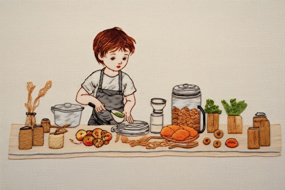 Kid cooking in kitchen art cartoon food.