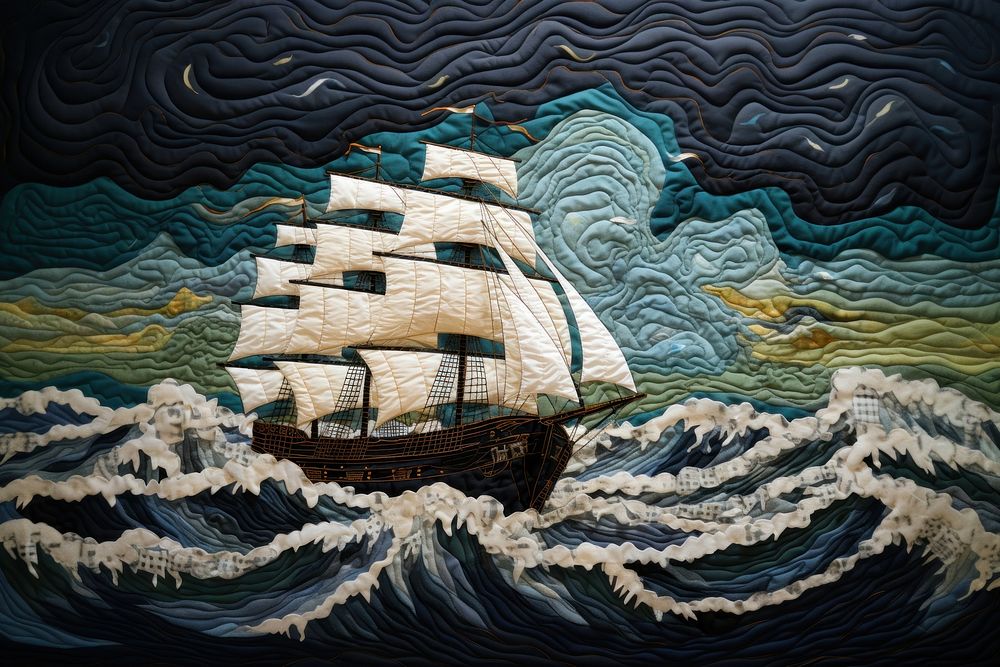 Pirate ship on ocean storm art sailboat painting.