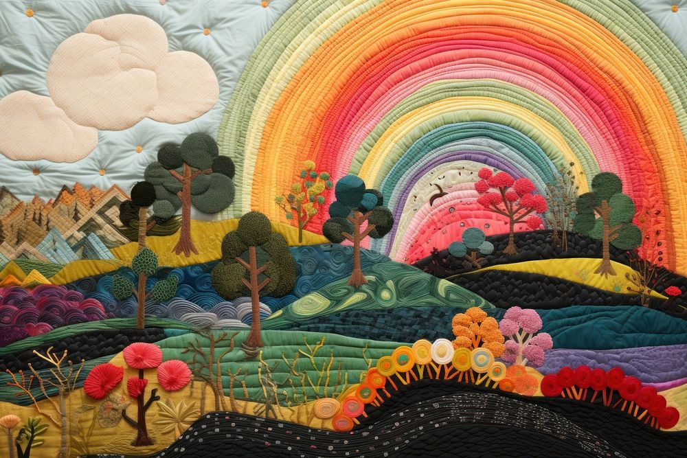 Rainbow landscape art pattern quilt.