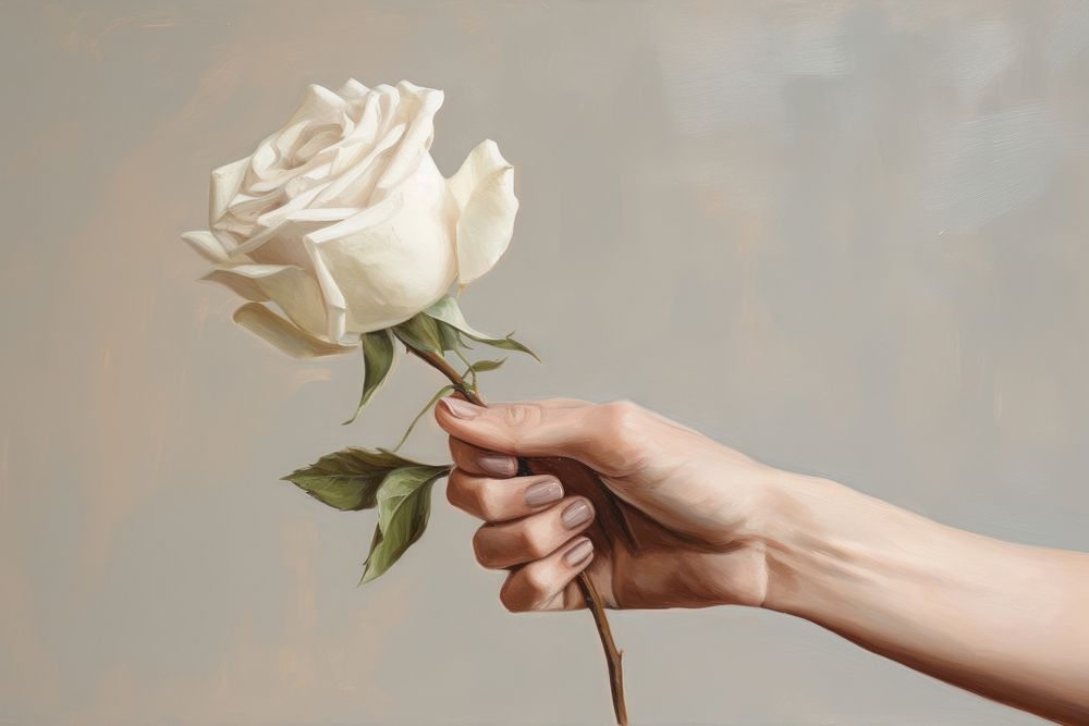 Hand holding white rose flower plant inflorescence.