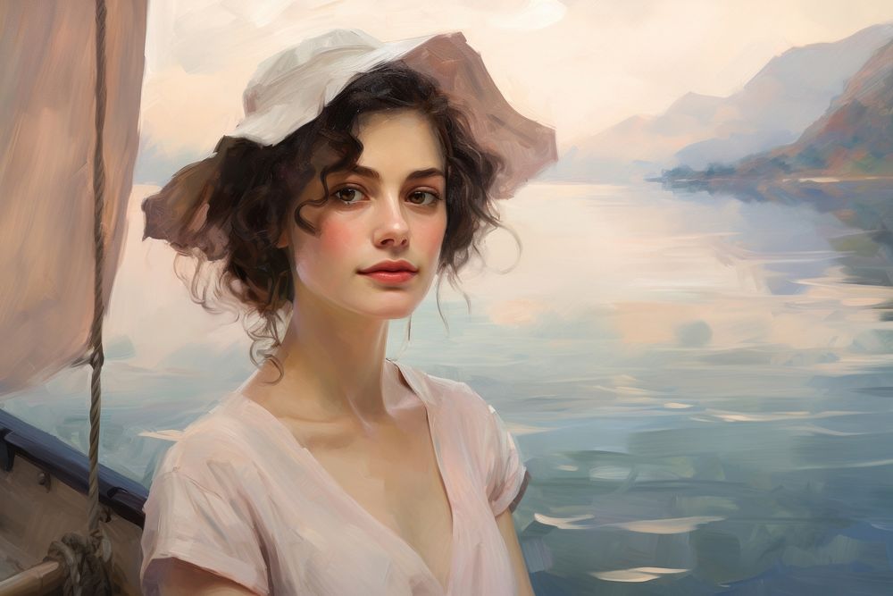 Woman sailing boat in lake painting portrait adult.