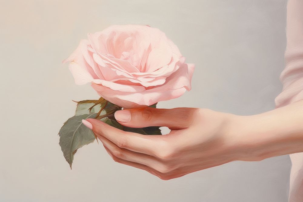 Hand holding pink rose flower finger petal.