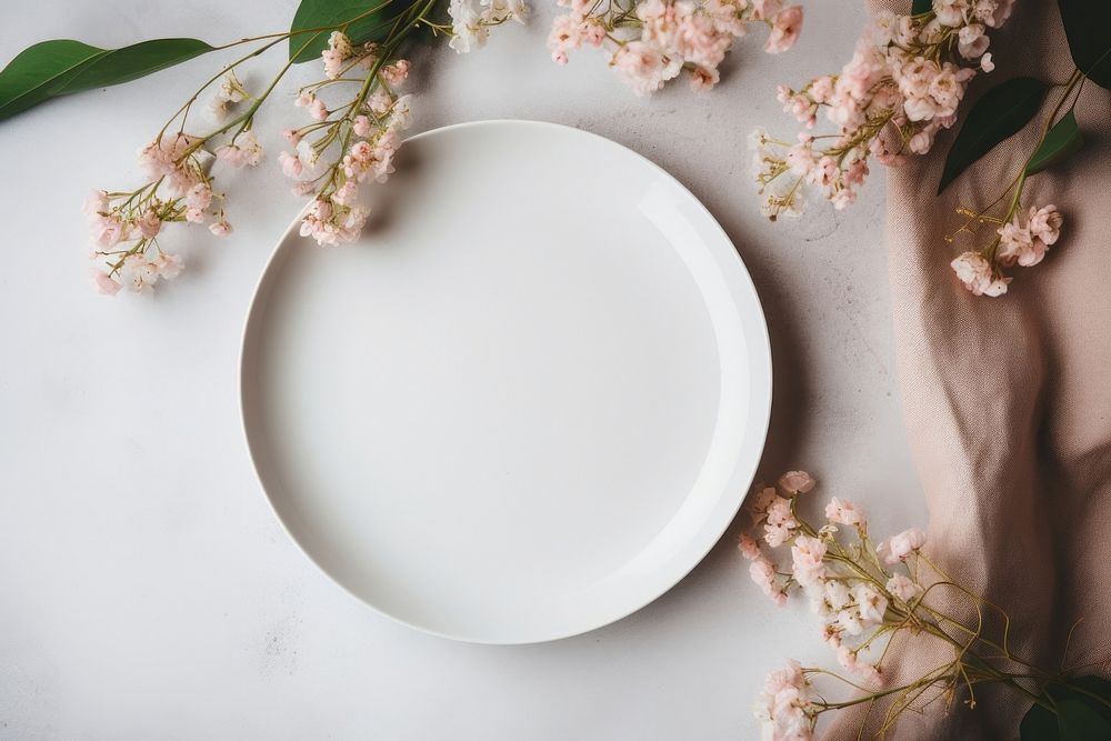 White blank paper menu plate porcelain flower.