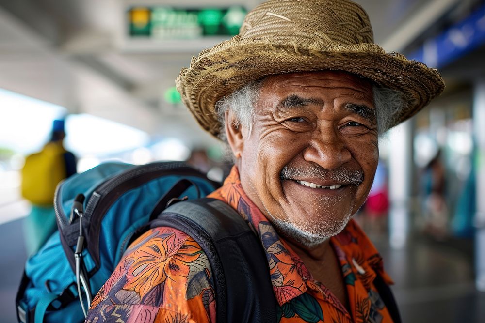 Happy Samoan elderly backpack smiling adult.