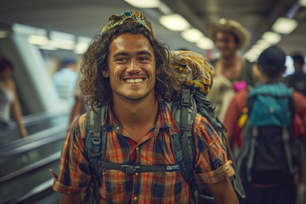 Happy Samoan friends backpack smiling adult.