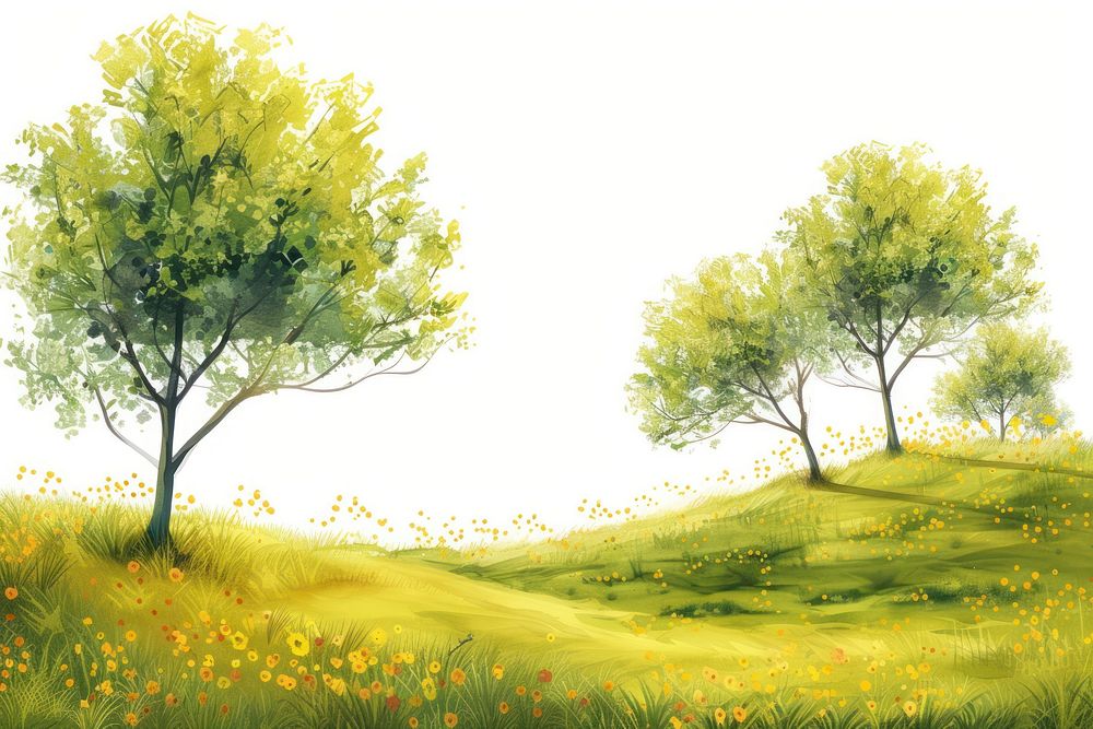 Spring landscape painting grassland.
