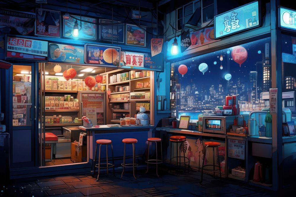 Japanese anime convenient store restaurant night city.