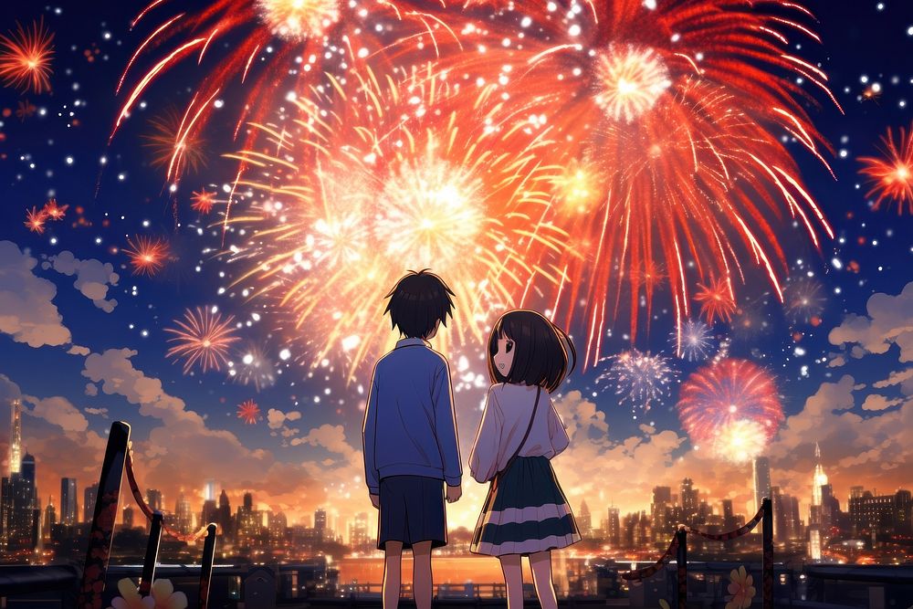 Japanese anime fireworks outdoors night city.