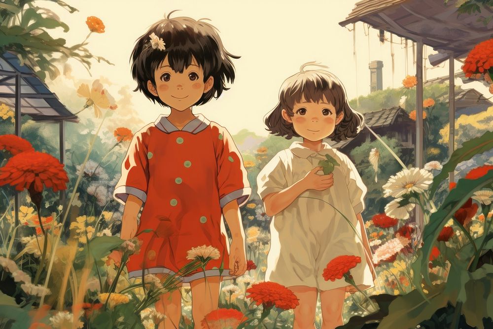 Children playing anime togetherness architecture.
