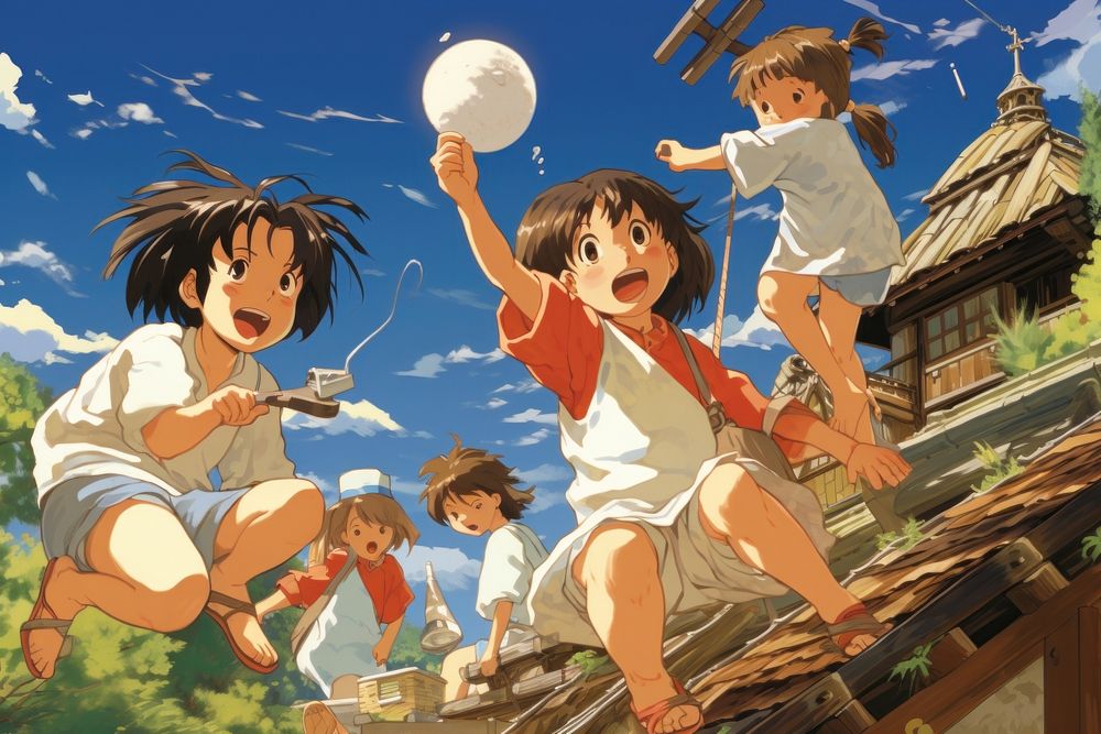 Children playing anime outdoors togetherness.