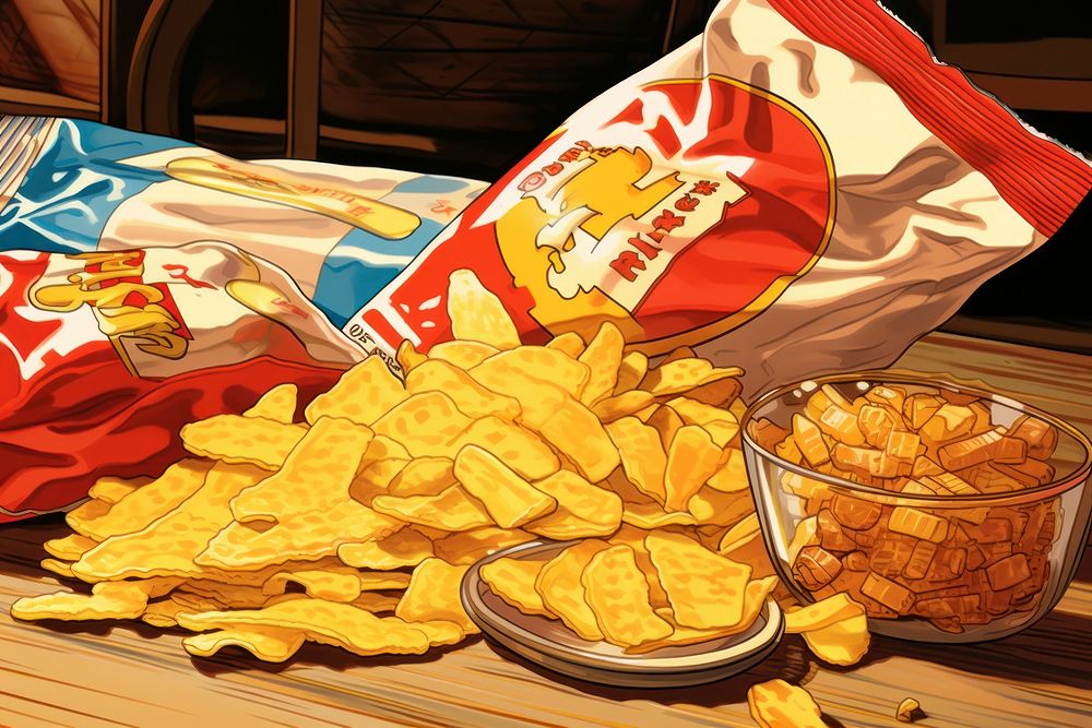 Close up of a bag of chips snack food bowl.