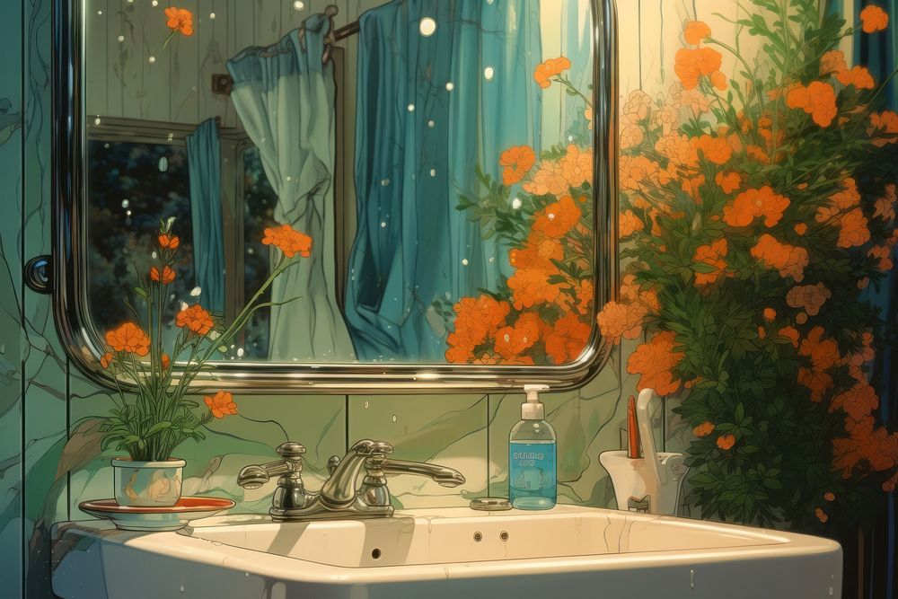 Close up of a bathroom mirror window flower plant.