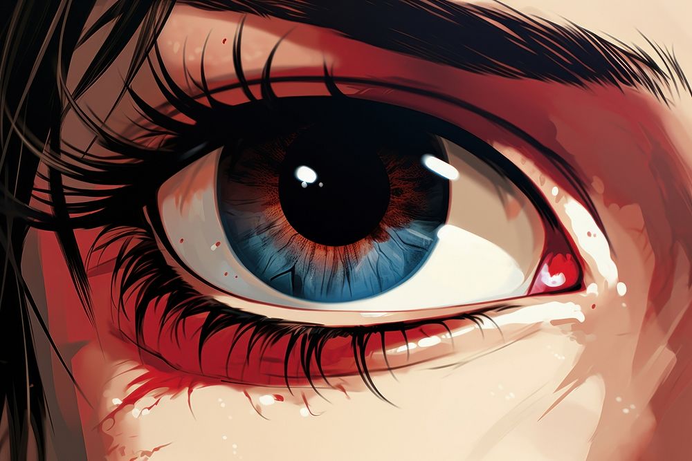 Close up of an eye drawing anime portrait.